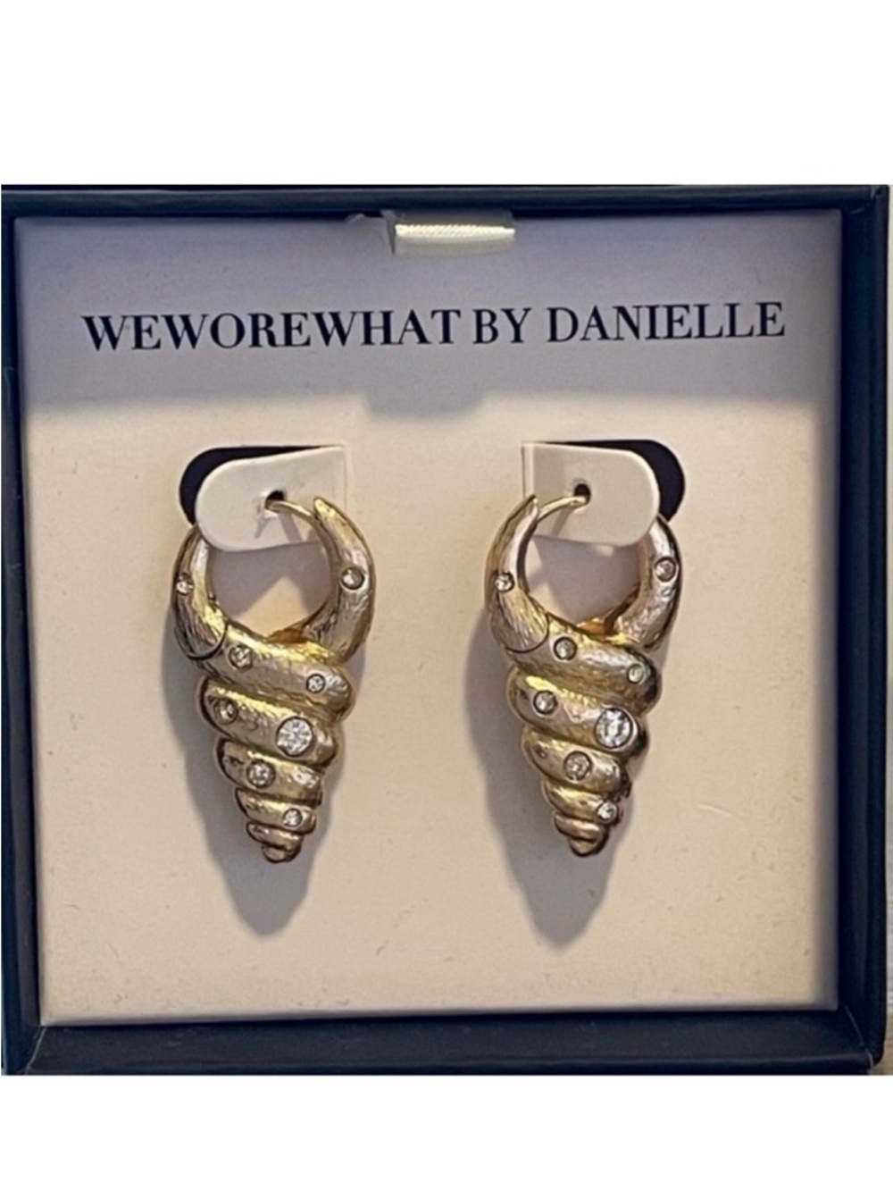 WeWoreWhat Danielle Gold Tone Conch Shell Hoop Earrings Crystal Accents NIB